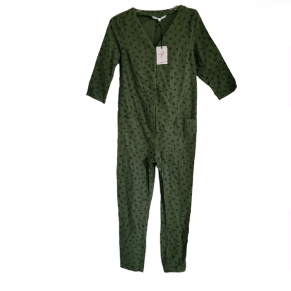 THE NINES BY HATCH OLIVE GREEN BUTTON DOWN JUMPER 3/4 SLEEVES CROP ANKLE - Picture 2 of 6